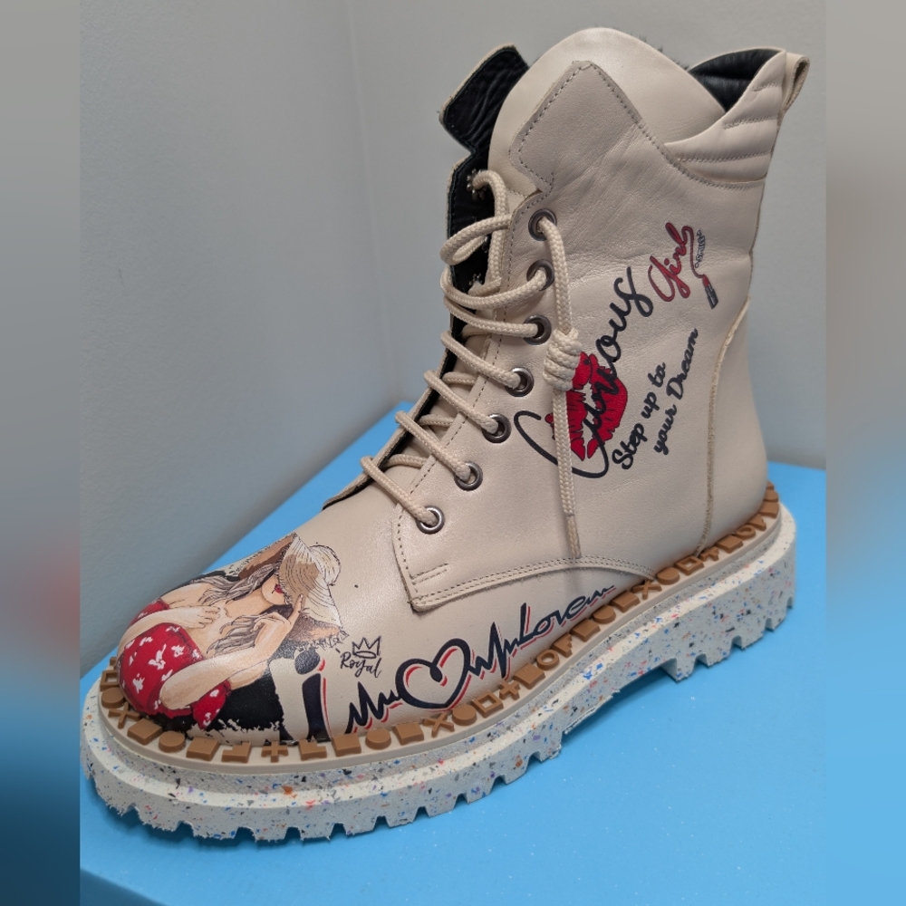 Trendy Cream Combat Boots with Graphic Design